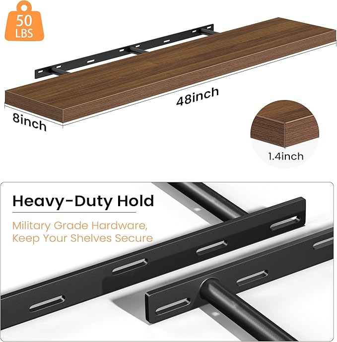 Fun Memories Floating Shelves for Wall, 48 Inch Long Set of 2 Rustic Wood Wall