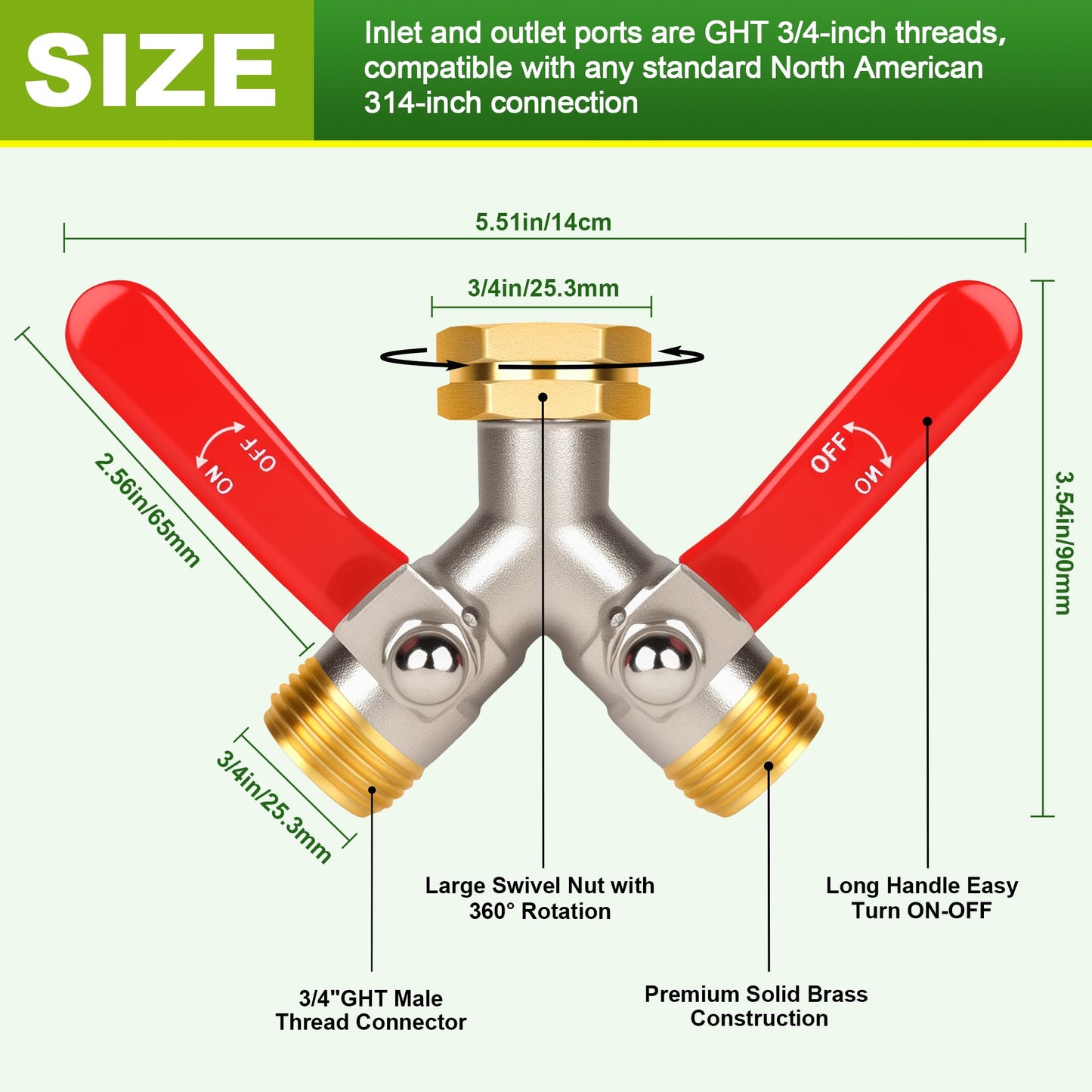 DINGBAI Hose Splitter 2 Way, High Flow Garden Hose Splitter, 3/4” Ght Inlet Brass Heavy Duty Hose Converter, Full Flow water 2 Way Faucet hose splitter, Long Handle Hose Valve Large Outlet.