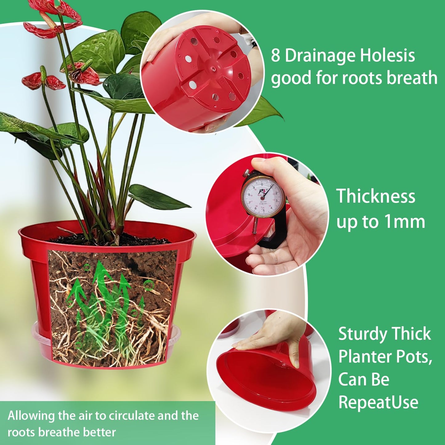 RooTrimmer 8 inch Plastic Flower Pots, Red Plant Pots 12Pack with Saucers for Indoor House Plants Growing and Decoration