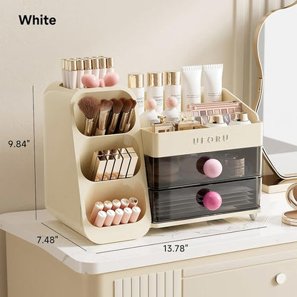 UFORU Makeup Organizer for Vanity with Brush Holder, Large Capacity Bathroom Countertop Skincare Organizer with 2 Drawers, Cosmetic Display Case for Perfumes, Eyeshadow Palettes, Nail Polishes