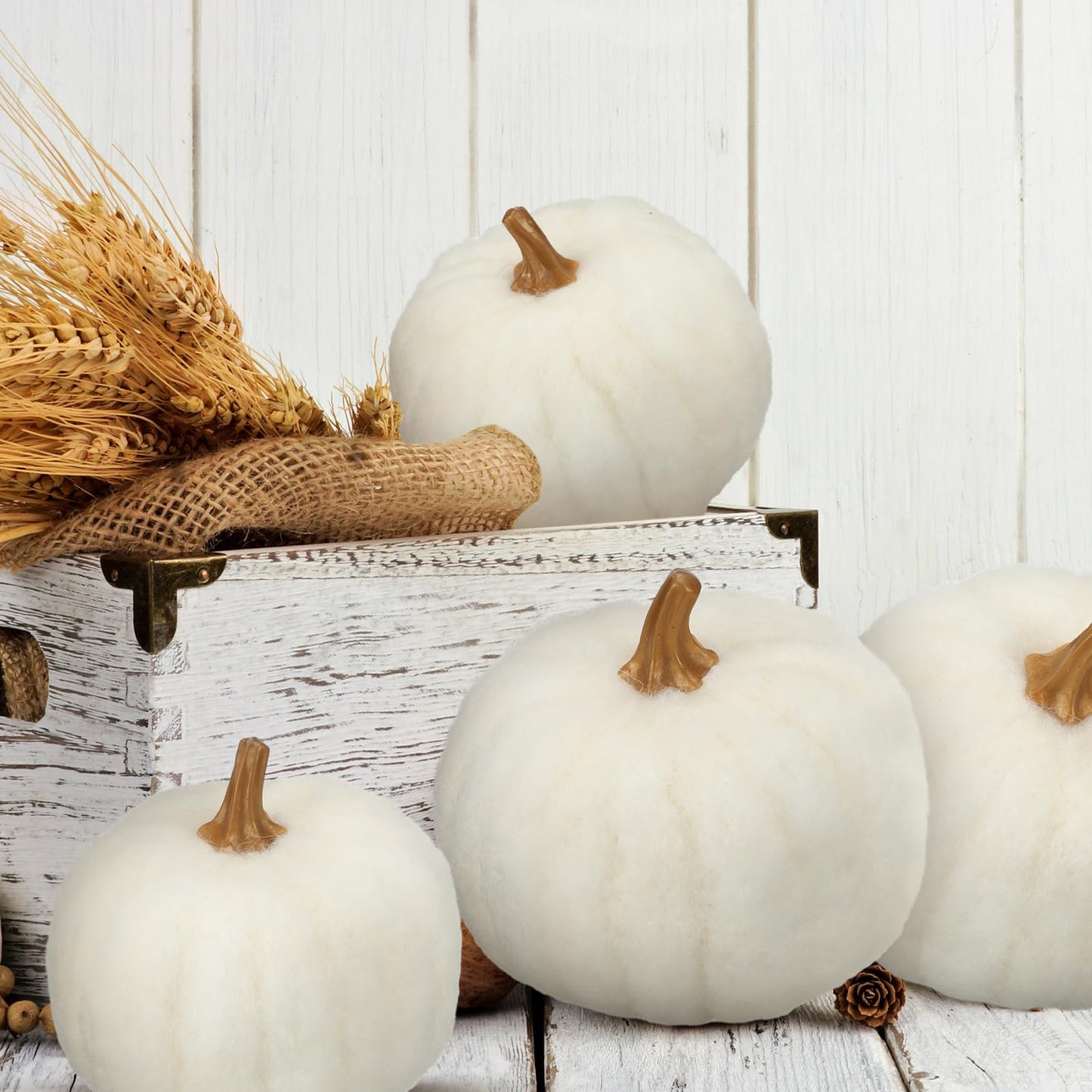Preboun 4 Pieces Large Wool Fall White Pumpkin Thanksgiving Decor Artificial Fabric Pumpkin Harvest Felt Fake Pumpkins for Decorating for Fall, Thanksgiving, Halloween, Wedding Parties Decoration