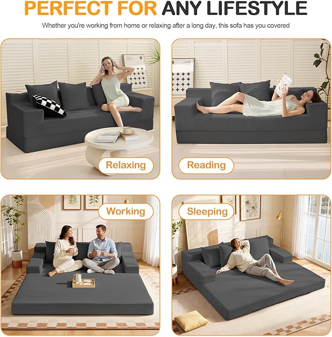 Erament 3 Seater Boneless Couch Sofa Bed, Compression Convertible Futon Floor