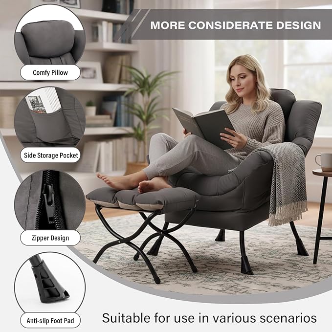 MBOOYOME Lazy Chair with Ottoman, Modern Accent Lounge Armchair with Armrests