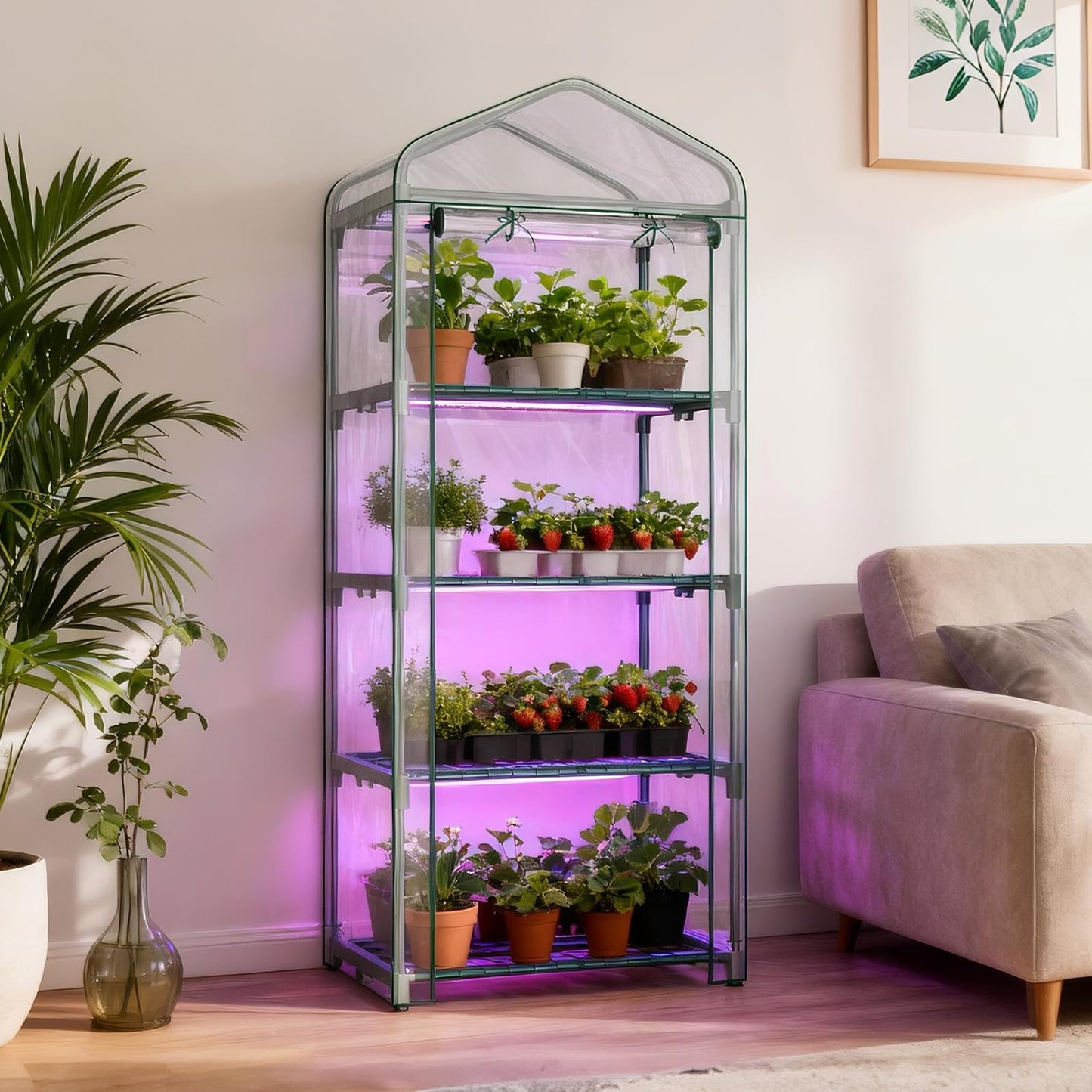SUNYRISY Indoor Greenhouse with Grow Lights, 4 Tier Mini Small Greenhouse Kit with Zippered PVC Tent Cover for Indoor Garden Seed Starting Tray, 36W Full Spectrum with Timer