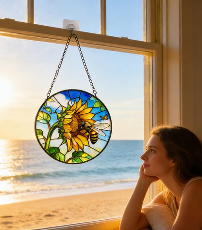 NGOKPYD Stained Glass Window Hanging Sun Catcher Garden Decor Sunflower Flower and Bees on a Branch for Window Doors Home Decoration and Christmas, Mother's Day Birthday Gifts for Women Men Mom 7.8 in