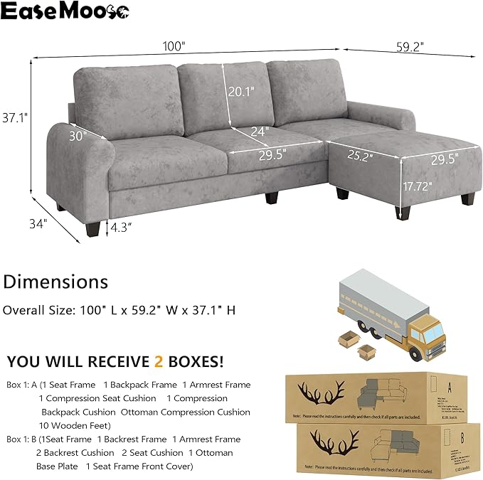 EASE MOOSE Large Seat Velvet L-Shaped Sofa, Soft 4 Seat Couch