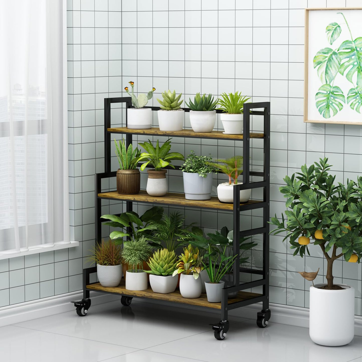 YIZAJIA Plant Stand Indoor 3 Tier Metal Board Outdoor Tiered Stands Shelf With wheel for Multiple Plants Potted Ladder Plant Holder Table Plant Pot Stand for Window Garden Balcony Living Room