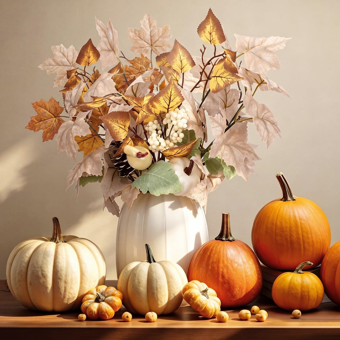 Beeveer Fall Table Centerpieces White Ceramic Pumpkin Vase Decor with Artificial Maple Leaves and Berries Thanksgiving Harvest Home Decor