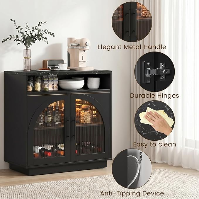 Sideboard Buffet Cabinet with Storage, Wine Bar Cabinet with Arched Glass Doors
