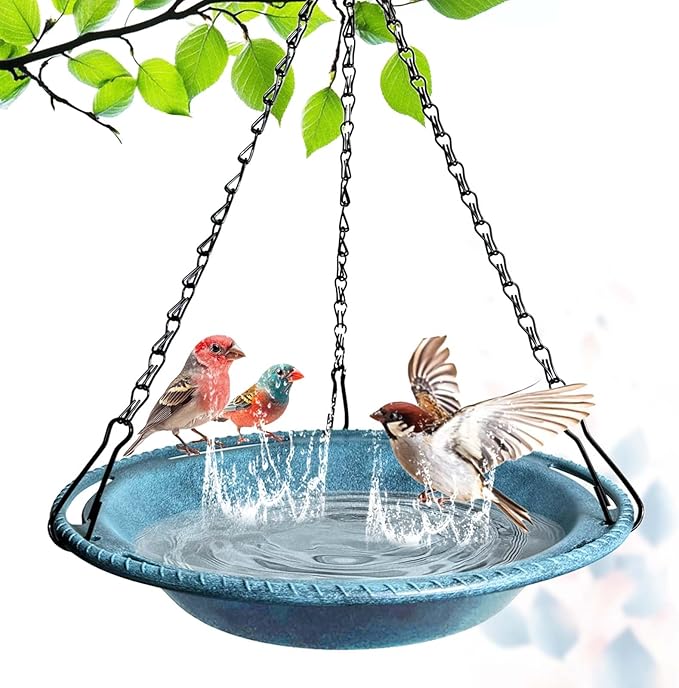 Hanging Bird Bath & Feeder Bowl, 12 in Outdoor Bird Bath with Chains, Durable Weather-Resistant PP, Antique Blue, Backyard Garden Decor
