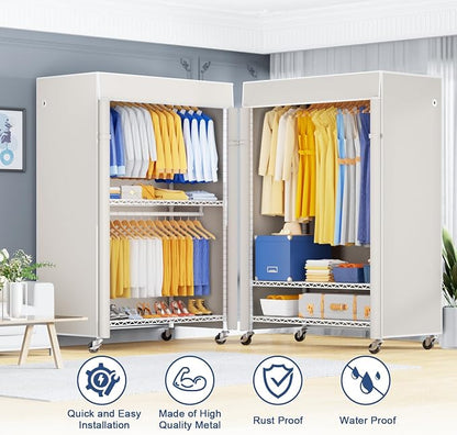 ULIFHOME P8C Pro Heavy Duty Clothes Rack（With Extended Width Design） Rolling Clothing Racks for Hanging Clothes with Lockable Wheels，42" W x 15.8" D x 80.5" H，Load 700LBS，White Rack with White Cover