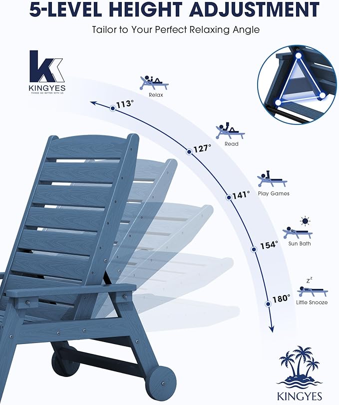 KINGYES HDPE Lounge Chair Outdoor, Patio Chaise Lounge Recliner
