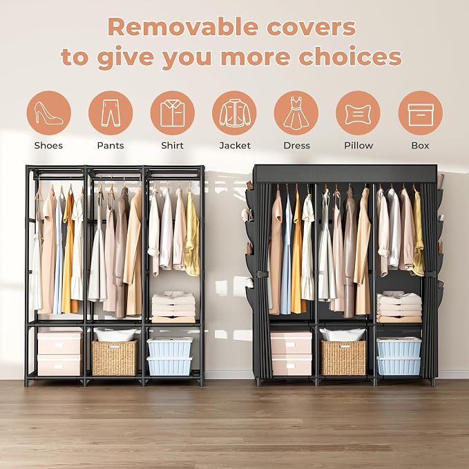Wardrobe Closet, Portable Closets for Hanging Clothes 19mm Steel Tube Portable Wardrobe Closet for Bedroom, Clothes Rack with Cover, 3 Hanging Rod, 6 Storage Shelves and Side Pocket