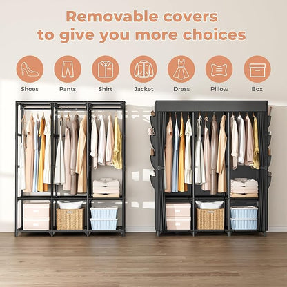 Wardrobe Closet, Portable Closets for Hanging Clothes 19mm Steel Tube Portable Wardrobe Closet for Bedroom, Clothes Rack with Cover, 3 Hanging Rod, 6 Storage Shelves and Side Pocket