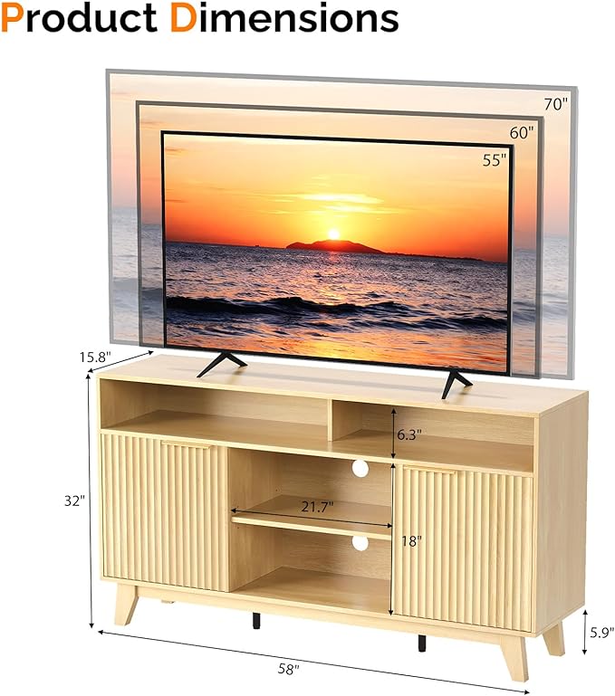 VINGLI Boho Fluted TV Stand for 70 Inch TV, Tall Wooden TV Console