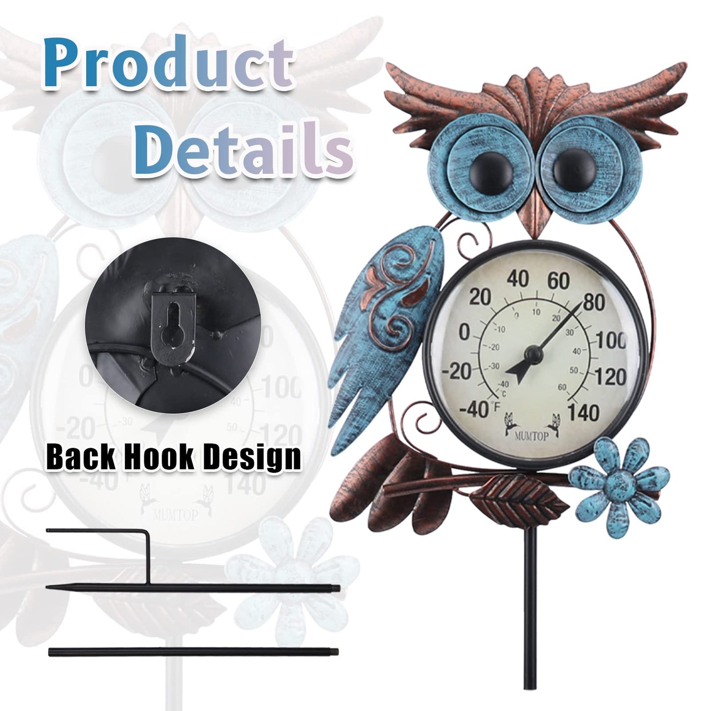 MUMTOP Outdoor Thermometer, 42 Inch Metal Owl Garden Stake Outside Wall Thermometer for Patio, Yard and Garden