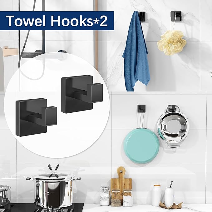 Gypie 5-Piece Bathroom Hardware Accessories Set, Towel Racks for Bathroom Wall Mounted Stainless Steel, Matte Black Towel Bar Set 16In