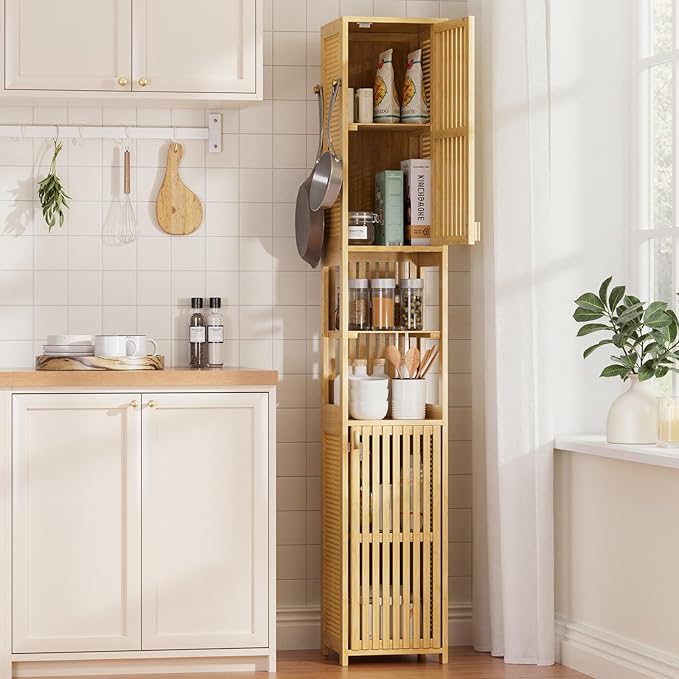 Amazer 70'' Tall Bathroom Storage Cabinet Bamboo, Narrow Storage Cabinet