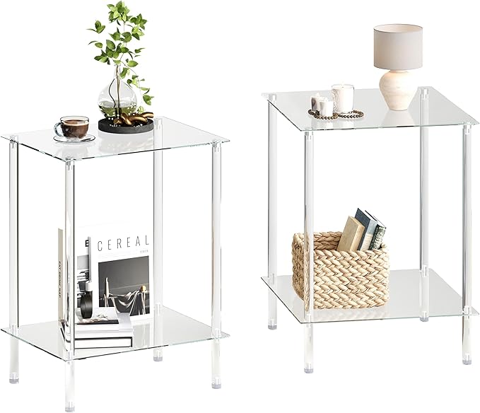 Tempered Glass Side Tables Set of 2 Acrylic End Table