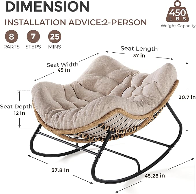 SWITTE Outdoor Papasan Rocking Chair, Oversized Patio Egg Chair