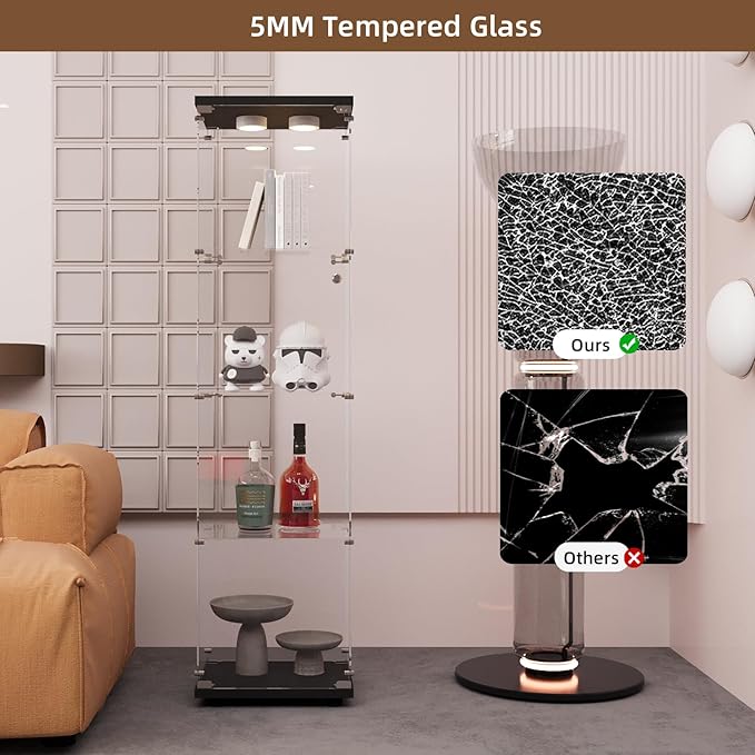 Glass Display Cabinet with LED Light and Lock, 4-Shelf Fast Installation Curio