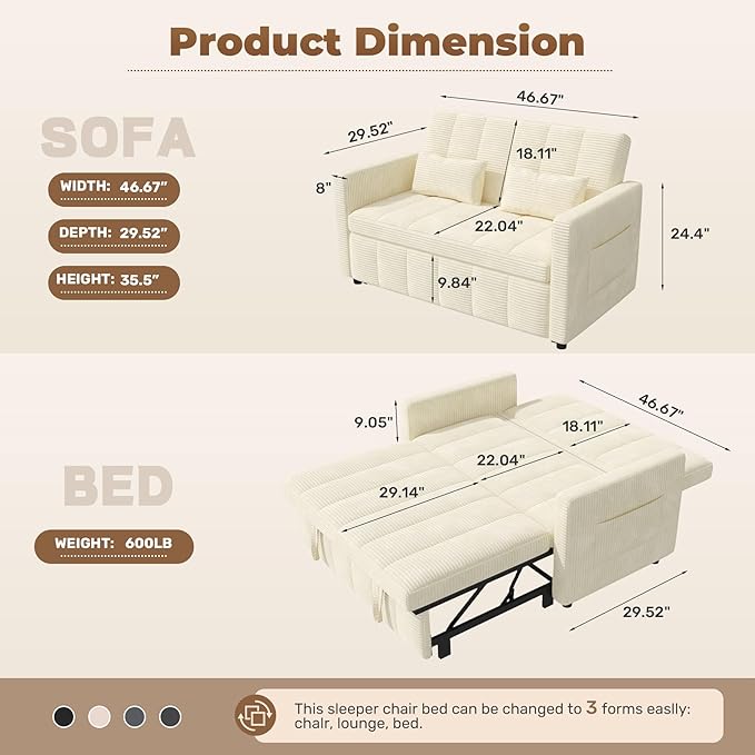 Nebuaegis Sleeper Sofa Bed, 3-in-1 Convertible Pull Out Couch