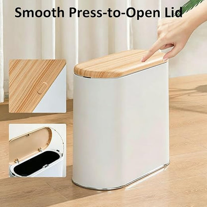 Small Bathroom Trash Can with Lid, 10L/2.6 Gal Slim Wastebasket - Odor & Pet Proof, Inner Bucket & Wood Grain Top, Plastic White Garbage Can for Kitchen, Bedroom, Living Room, Office, RV