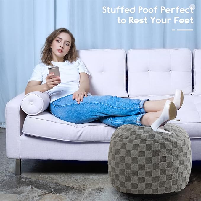 HIGOGOGO Round Stuffed Pouf Ottoman, Plaid Poufs