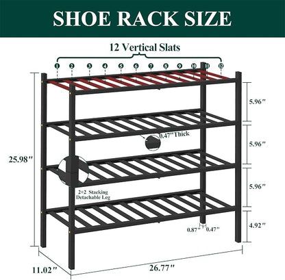 Smiry Bamboo Shoe Rack, 4 Tier Free Standing Wooden Shoe Organizer, Stackable Wood Shoe Storage Shelf for Closet, Entryway, 12 Vertical Slats, 2+2 Stack Standard Legs, 26.8"x11"x26", Black