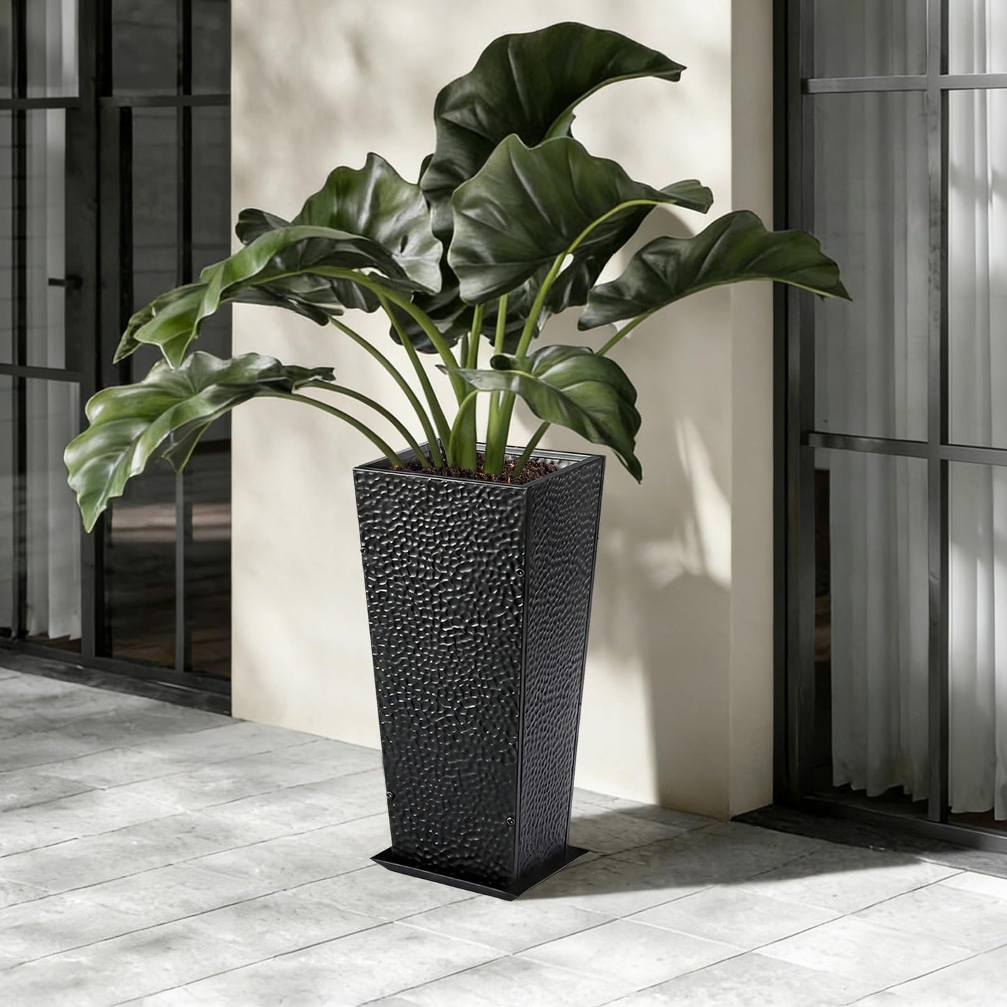 BAYN 2-Pack 24" Tall Metal Planter – Hand-Hammered Textured Large Black Flower Pots Box with Saucer for Outdoor&Indoor, Garden, Porch, Patio, Yard with Pre-Drilled Drainage Holes