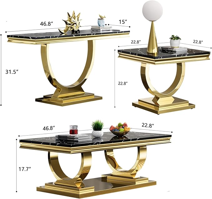 4 Piece Living Room Table Set Include 1 Faux Marble Coffee Table & 2 End Tables & 1 Console Table, Modern Black Gold Coffee Table Set of 4 with Double O Shape Stainless Steel Pedestal Base