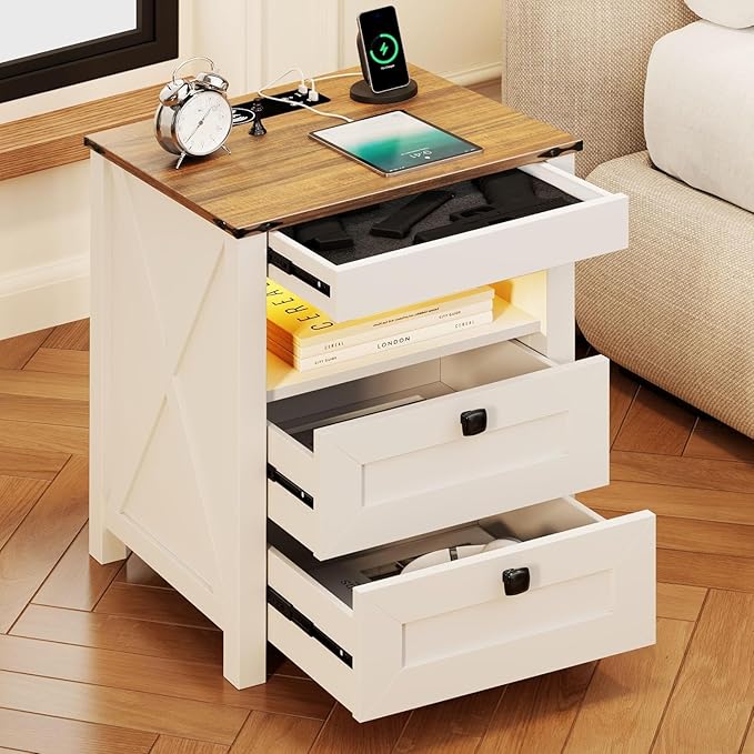 HWB LED Nightstand with Gun Drawer: Bedside Table with Charging Station