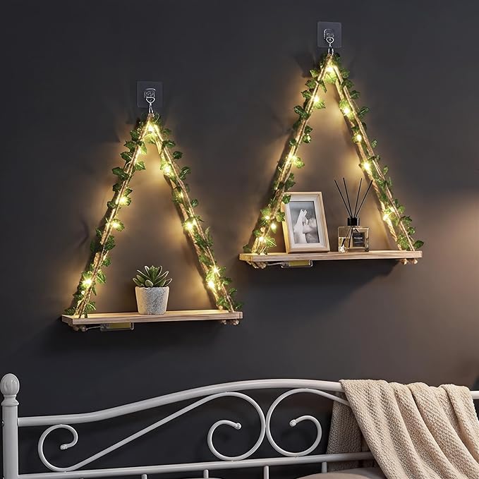 RICHER HOUSE Artificial Ivy LED-Strip Wall Hanging Shelves, Macrame Shelf