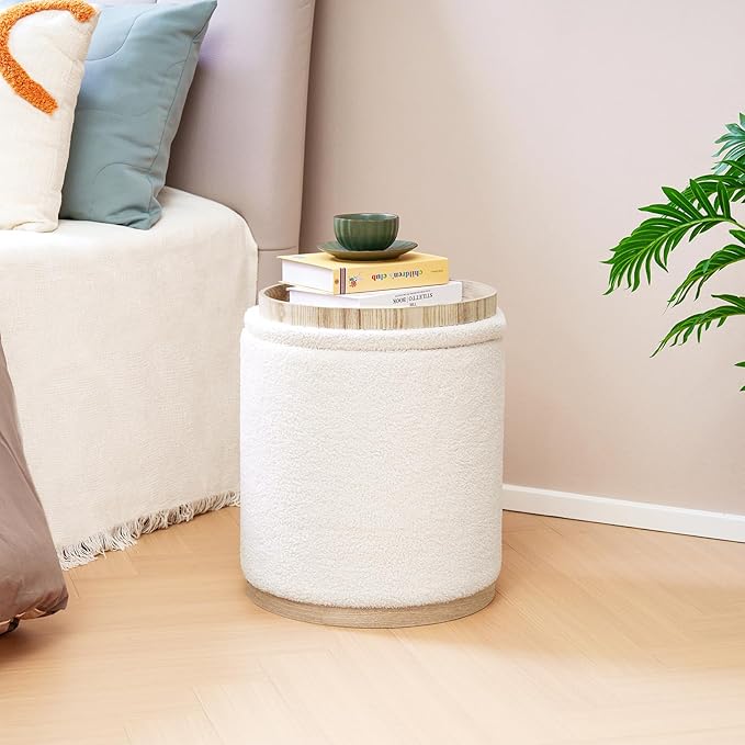 PINPLUS Round Ottoman with Storage Set of 2, Vanity Stool with Tray Storage