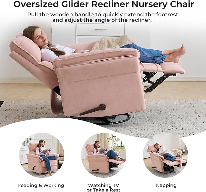 Rocking Chair Nursery with Adjustable Headrest, Manual Swivel Rocker Recliner