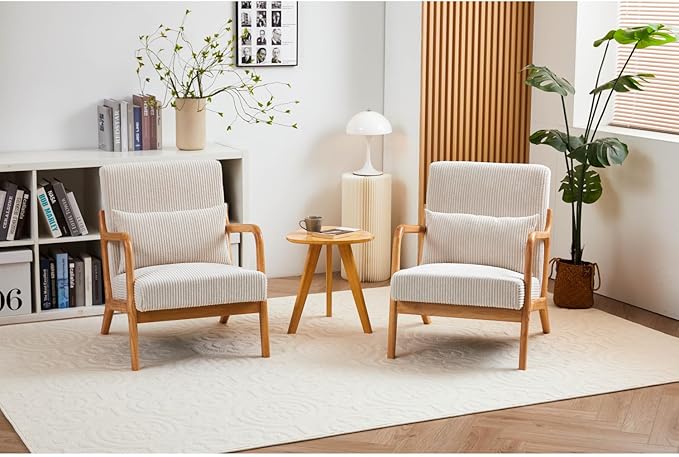 Mid-Century Modern Accent Chair Beige Rubberwood Frame Living Room Bedroom