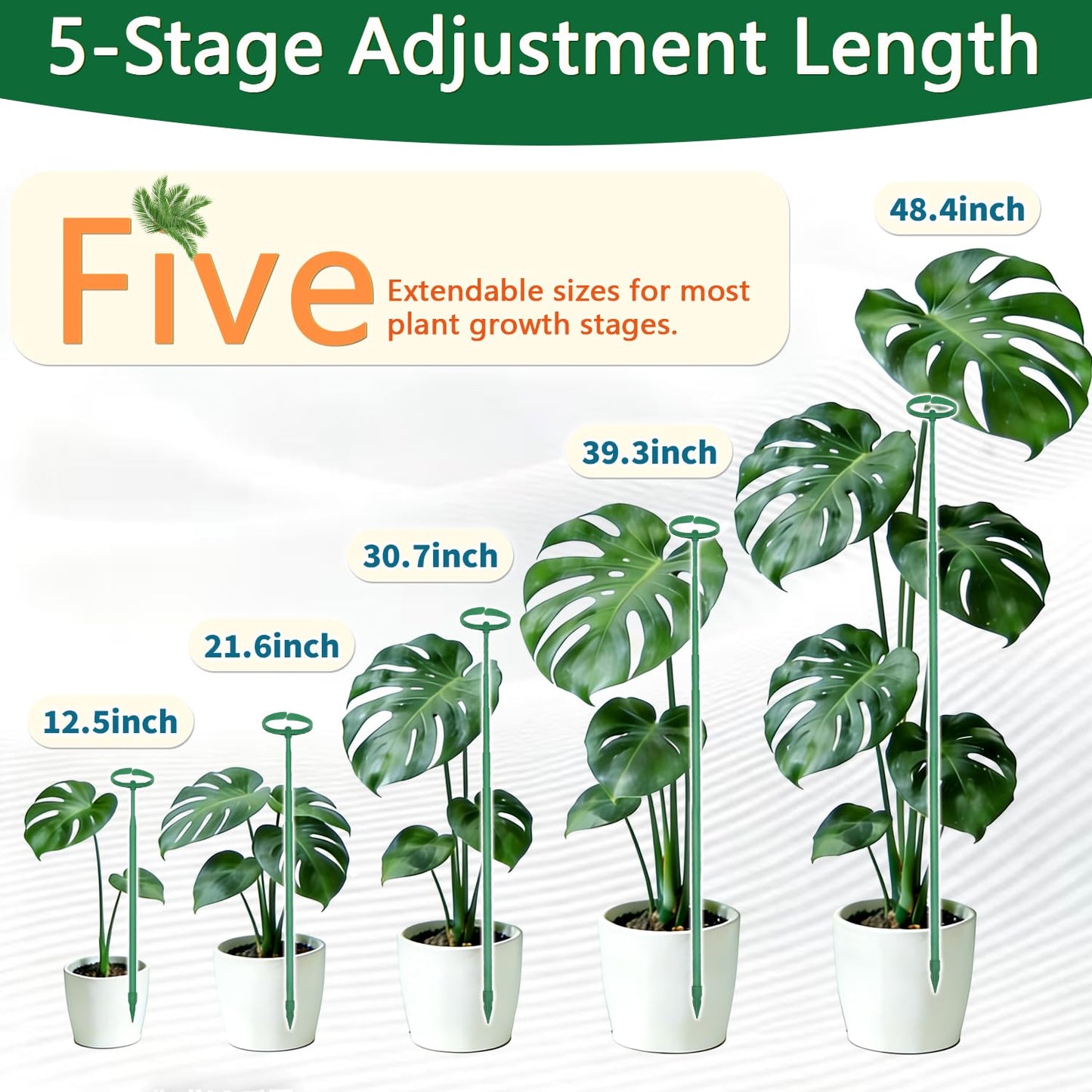 Telescoping Monstera Plant Support Stakes, 12.5IN to 48.4IN Adjustable Length, Extendable Plant Stakes for Indoor Plants, Premium Stainless Steel Material Plants Sticks for Orchids, Tomatoes- 5Pack