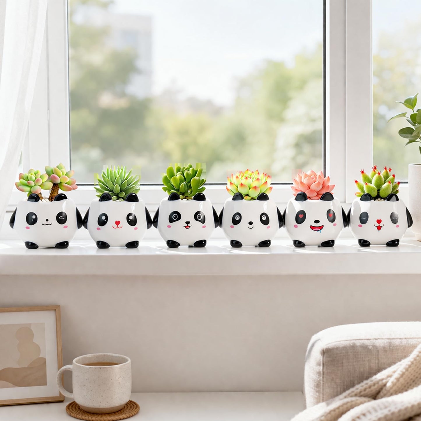 Set of 6 Small Cartoon Plant Pots with Drainage - 3.5 Inch Animal Succulent Planters - Mini Ceramic Cactus Pots, Air Plant Holder for Window Sill, Office, Bookshelf Decor