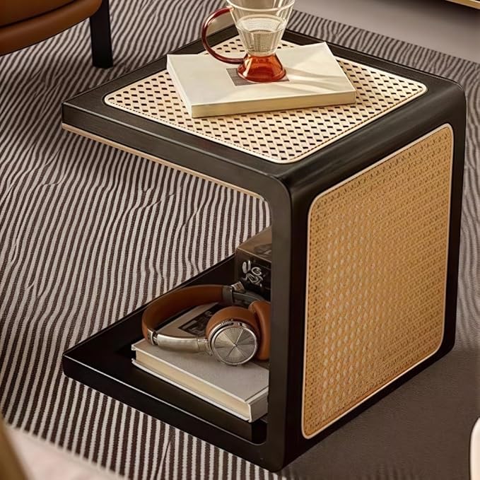 Japanese Style Wood Rattan Stool, Small Space Shoe Bench, Night Stand