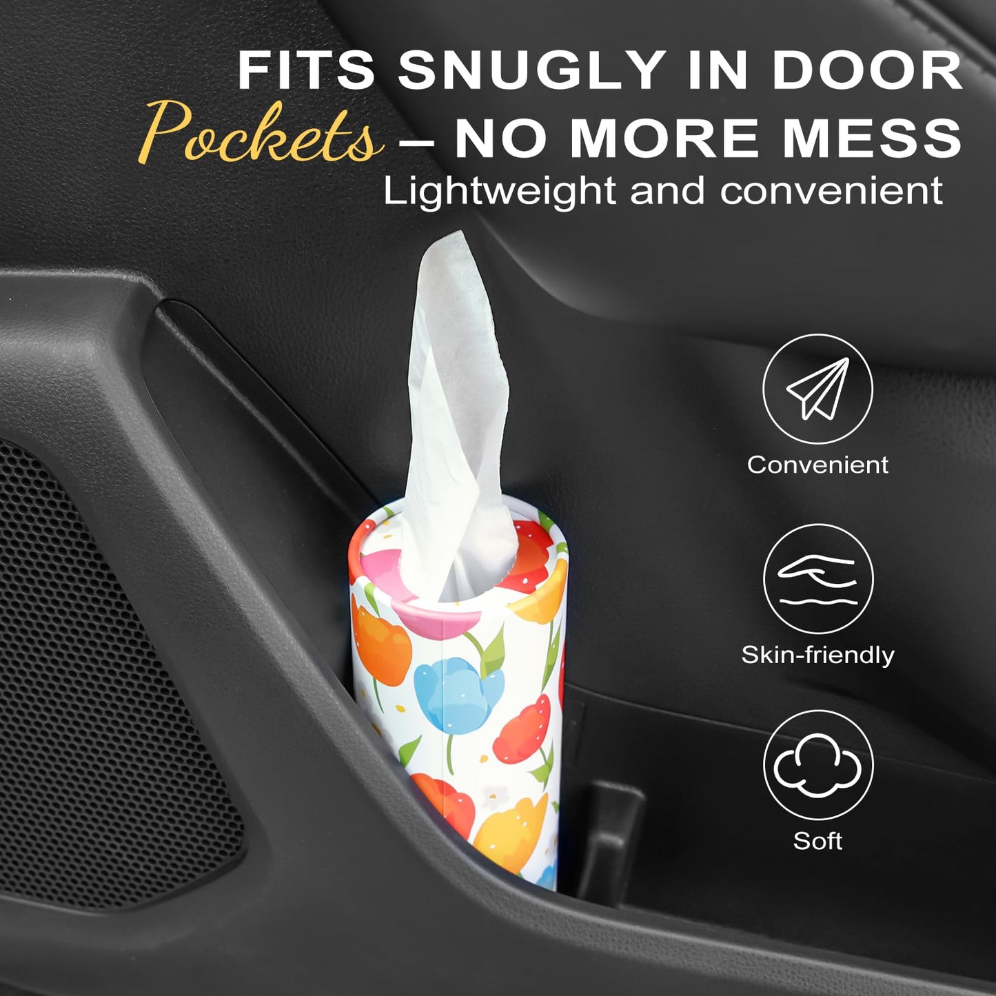 GOMEW Car Tissue Holder (4 PK) - 50 3-Ply Tissues per Cylinder, Fits Car Cup Holders, Portable Travel Tubes Box Container, Tulip Design, Round Tissue Container for Car Accessories