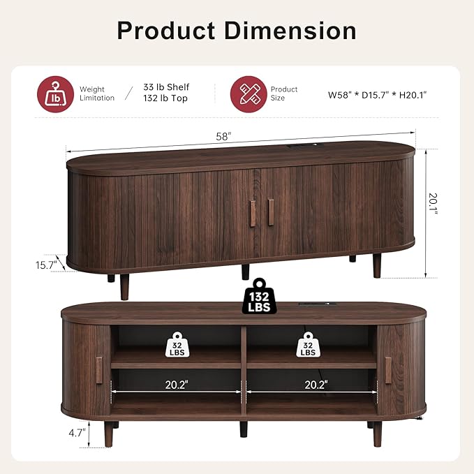 58" Mid Century Modern TV Stand, Wood TV Consoles