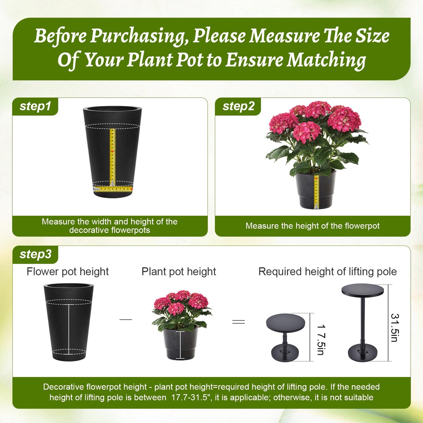 Decivems Universal Planter Insert, 2-Piece Adjustable Pot Riser for Inside Pots, 17.5"-31.5" Tall Plant Stand for Large Planter, Pot Filler for Indoor/Outdoor Plants, Fits 6/8/10 Inch Base (Square/Round)
