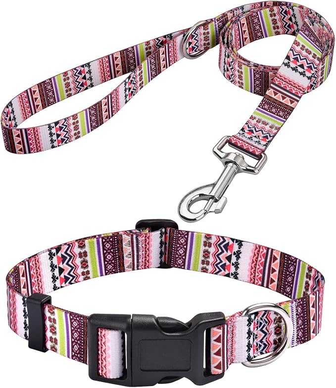 MarukoPet Dog Collar and Leash Set, Adjustable for Small Medium Large Dogs Puppy, Cute Design with Bohemia Floral Tribal Geometric Patterns Boys Girls Dog Collar(Pink Bohemia Set,M)
