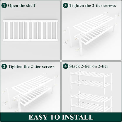 Smiry Bamboo Shoe Rack, 4 Tier Free Standing Wooden Shoe Organizer, Stackable Wood Shoe Storage Shelf for Closet, Entryway, 14 Vertical Slats, 2+2 Stack Heavy-Duty Legs, 26.8"x11"x26", White
