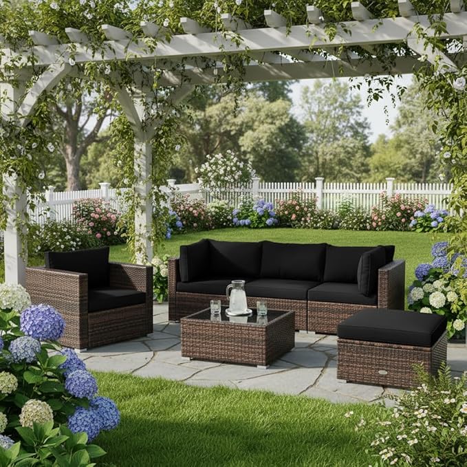 Tangkula 6 Pieces Wicker Patio Furniture Set, PE Rattan Outdoor Sectional
