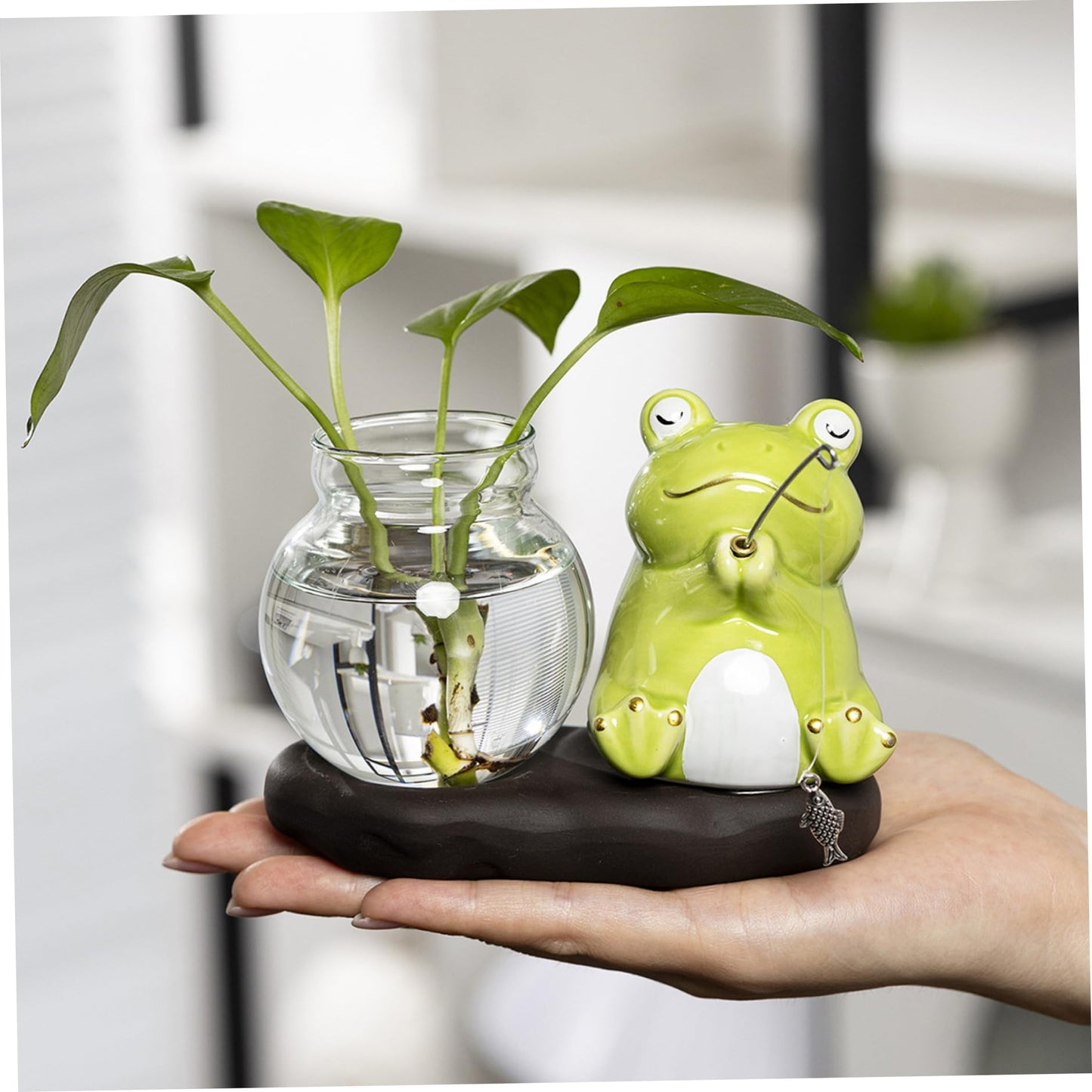 Glass Planter with Ceramic Stand, Cute Frog Fishing Propagation Vase for Plants, Hydroponic Planter for Indoor Home Office Desk Decor