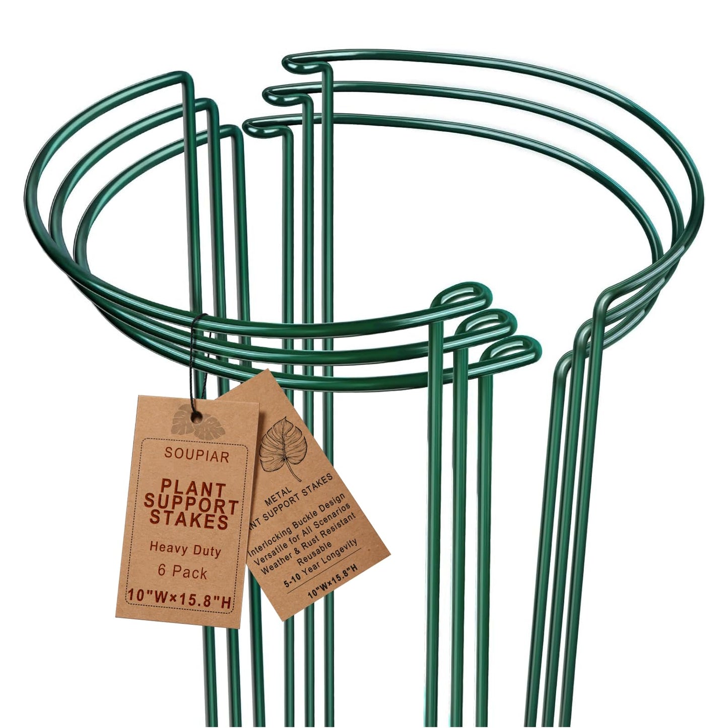6 Pack Plant Support Stakes, 15.8" Half Round Metal Garden Plant Supports for Indoor Plants, Green Plant Cage Ring for Monstera, Peony, Hydrangea, Potted Plant Holder Sticks (10" Wide)