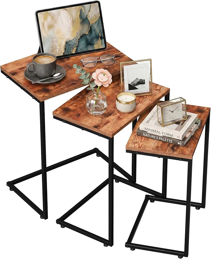 SUPER DEAL Nesting Tables Set of 3, Industrial C Shaped End Table Stackable