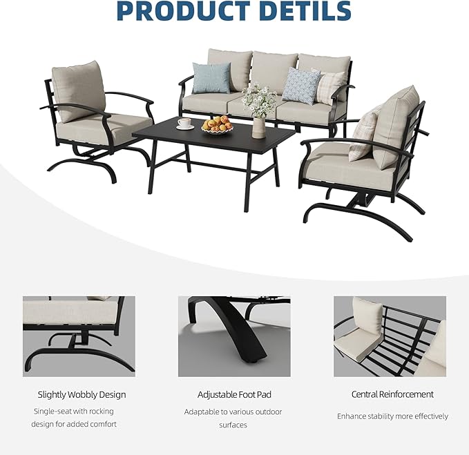 ALAULM 4 Piece Patio Furniture Set, Outdoor Metal Patio Furniture