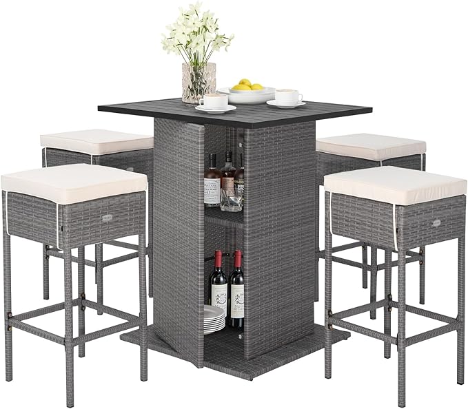 Tangkula 5 Piece Outdoor Rattan Bar Set, Patio Bar Furniture